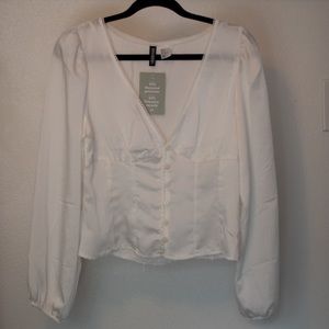 White silky satiny long sleeve blouse